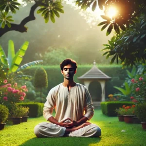 An-Indian-man-sitting-cross-legged-in-deep-meditation-in-a-peaceful-garden-at-sunrise.-He-is-dressed-in-traditional-Indian-spiritual-robes